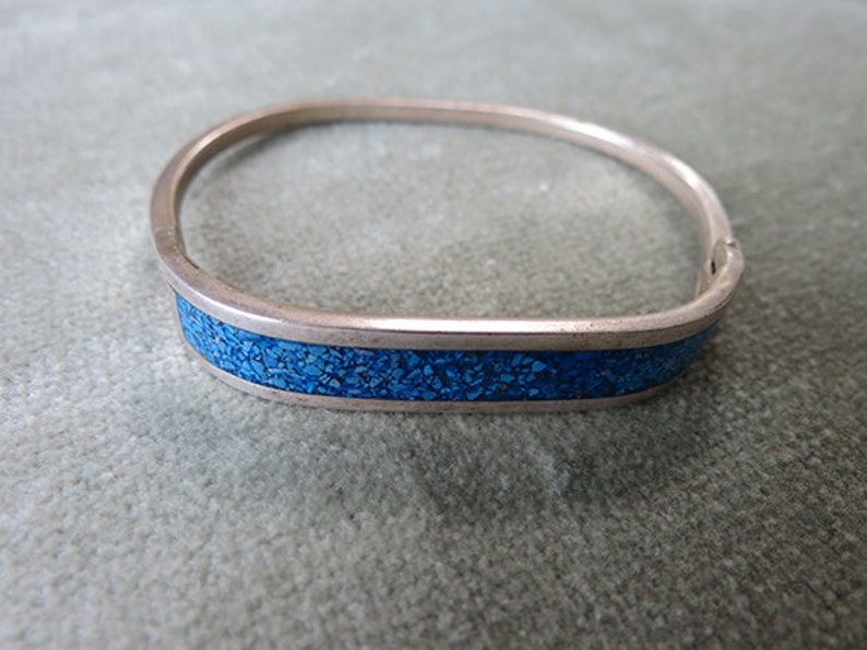 Mexican Alpaca, Silver and Crushed Blue Stone Bangle Bracelet image 2