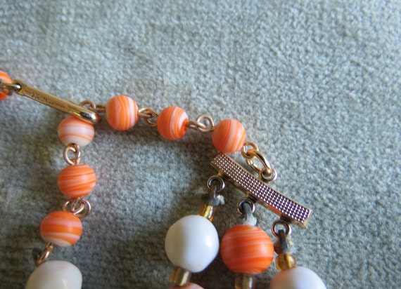 Vintage 3-strand Necklace with Orange swirl and F… - image 3