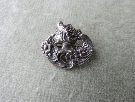 Vintage Small Silver Art Nouveau Brooch Woman's Face