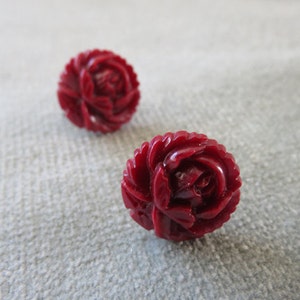 Vintage Dark Red Rose Earrings / 1920s