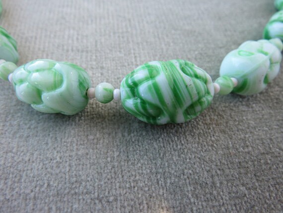 Art Deco Green Marbled Vintage Pressed Glass Bead… - image 2