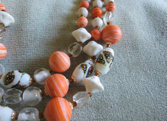 Vintage 3-strand Necklace with Orange swirl and F… - image 2