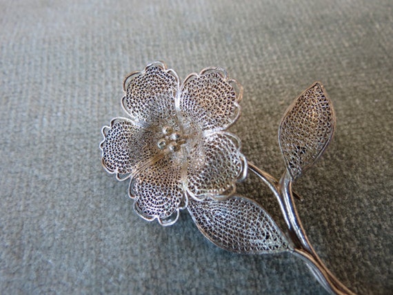 Sterling Filigree Flower Brooch / Pin - image 2