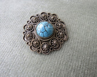 Vintage Turquoise and Silvered Brass Pendant / Brooch