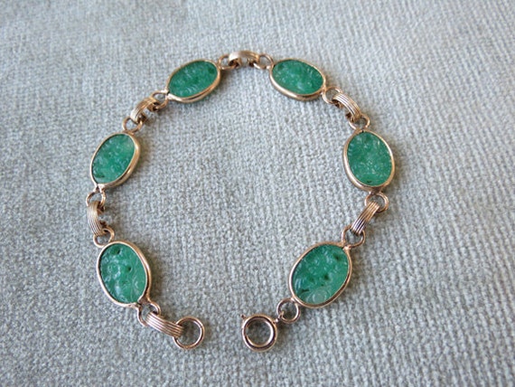 Faux Green Jade and Goldtone Vintage Bracelet / A… - image 3