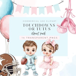 touchdown o tutus, fútbol y tutus clipart, uso comercial, clip art digital, tono moreno, clipart de revelación de género.