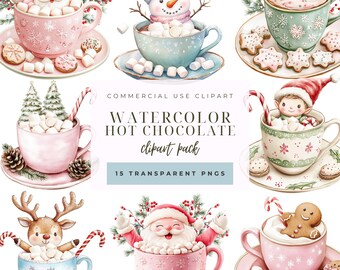 水彩ホットチョコレートのクリップアート：心地よい冬のココア PNG（デジタルダウンロード）
