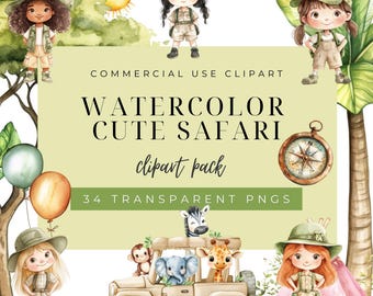 Clipart de safari, clipart de acuarela de safari, animales de safari, clipart de la selva, clipart de animales lindos de safari, clipart para guardería. Descarga digital.
