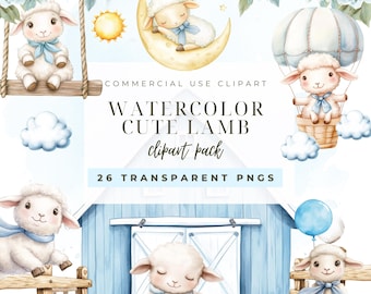 Watercolor Lamb Clipart: Blue Sheep PNG Images (Digital Download, 300 DPI, 26 Files
