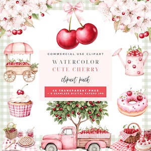 Può includere: Pacchetto di clipart ad acquerello con varie illustrazioni a tema ciliegia. Include un camion rosa, un cupcake, una ciambella, un annaffiatoio e un carretto di ciliegie. Il testo recita "Watercolor Cute Cherry clipart pack".