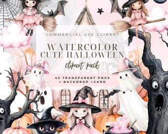 Cute Watercolor Halloween Clipart, Girly Witch PNG (Digital Download)