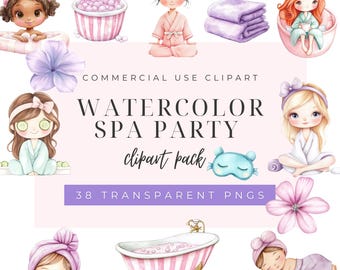 Clipart de acuarela de fiesta de spa, clipart de spa, clipart de día de spa, clip art de chica de spa, chica glamurosa, gráficos de spa, fiesta de pijamas, uso comercial.