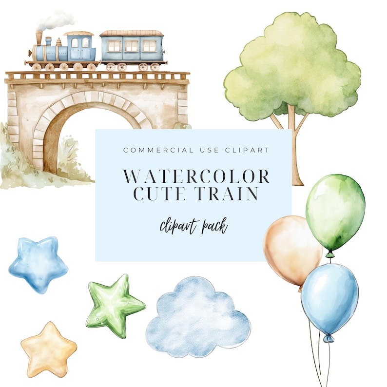 Puede incluir: Paquete de clipart de acuarela con un lindo tren azul sobre un puente, un &aacute;rbol verde, una nube azul, estrellas amarillas, verdes y azules, y tres globos verdes, naranja y azules.