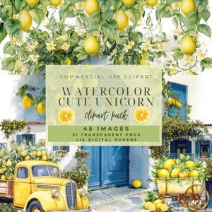 Mediterranean tiles clip art, lemon clipart mediterranean, lemon mediterranean, lemon clipart, Mediterranean watercolor, Instant download.
