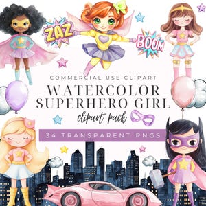Clipart di ragazza supereroina, supereroe rosa, ragazza supereroina acquerello, ragazza supereroina carina, Clipart di super ragazza, ragazza potente, download istantaneo