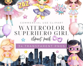 Super hero girl clipart, pink super hero, watercolor super hero girl, cute super hero girl, Super Girl Clipart, power girl, Instant Download