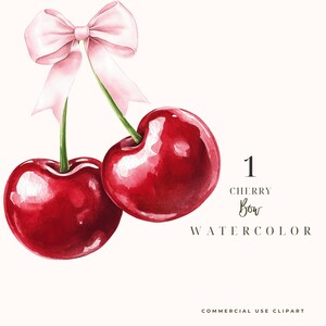 以下が含まれることがあります： 熟した赤いサクランボ2つと、緑色の茎、薄いピンクのリボンを描いた水彩イラスト。テキストは「1 Cherry Bow Watercolor」と繊細なフォントで書かれています。この画像は柔らかくロマンチックな雰囲気で、デジタルアートや印刷プロジェクトに最適です。