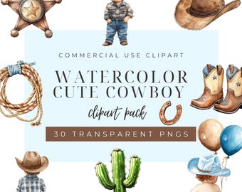 Clipart de bebé vaquero de acuarela, decoración de guardería, arte de pared de guardería, vaquero Png, lindo clipart de vaquero, clipart occidental, descarga instantánea.