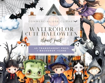 Watercolor Halloween Clipart, Cute Spooky Pumpkins (Digital Download)