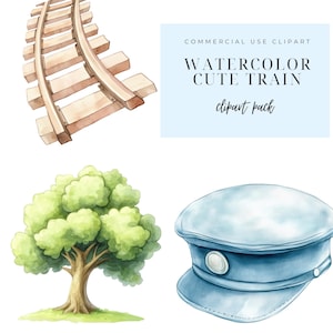 Puede incluir: Paquete de clipart de acuarela con una v&iacute;a de tren, un &aacute;rbol verde y un sombrero de conductor azul.  COMMERCIAL USE CLIPART WATERCOLOR CUTE TRAIN clipart pack