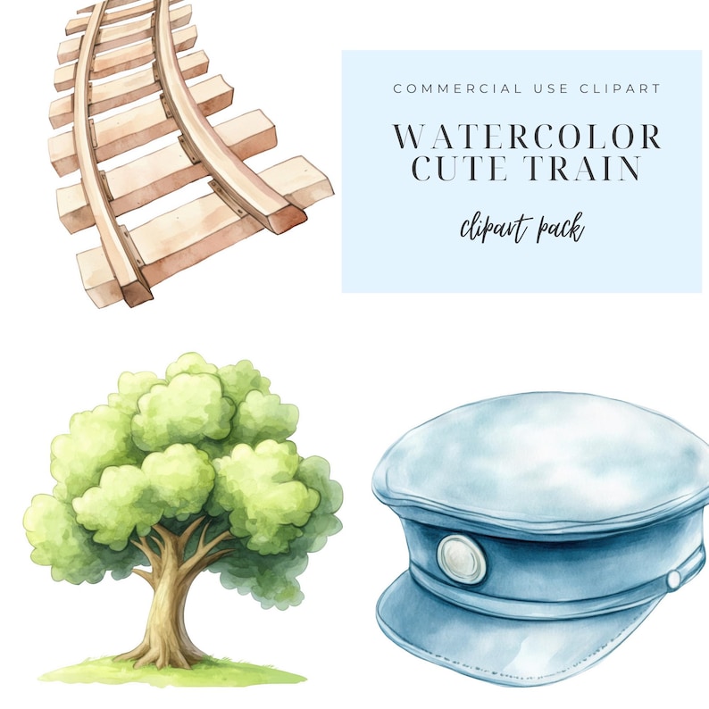 Puede incluir: Paquete de clipart de acuarela con una v&iacute;a de tren, un &aacute;rbol verde y un sombrero de conductor azul.  COMMERCIAL USE CLIPART WATERCOLOR CUTE TRAIN clipart pack