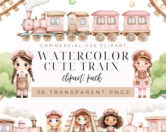 Imágenes prediseñadas de tren, acuarela de tren, imágenes prediseñadas de acuarela de niña bebé, imágenes prediseñadas de tren, arte infantil, arte de tren para niños, arte infantil, descarga instantánea.