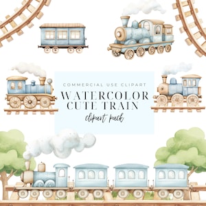 Imágenes prediseñadas de tren, acuarela de tren, imágenes prediseñadas de acuarela de bebé niño, imágenes prediseñadas de tren, arte infantil, arte de tren para niños, arte infantil, descarga instantánea. imagen 2