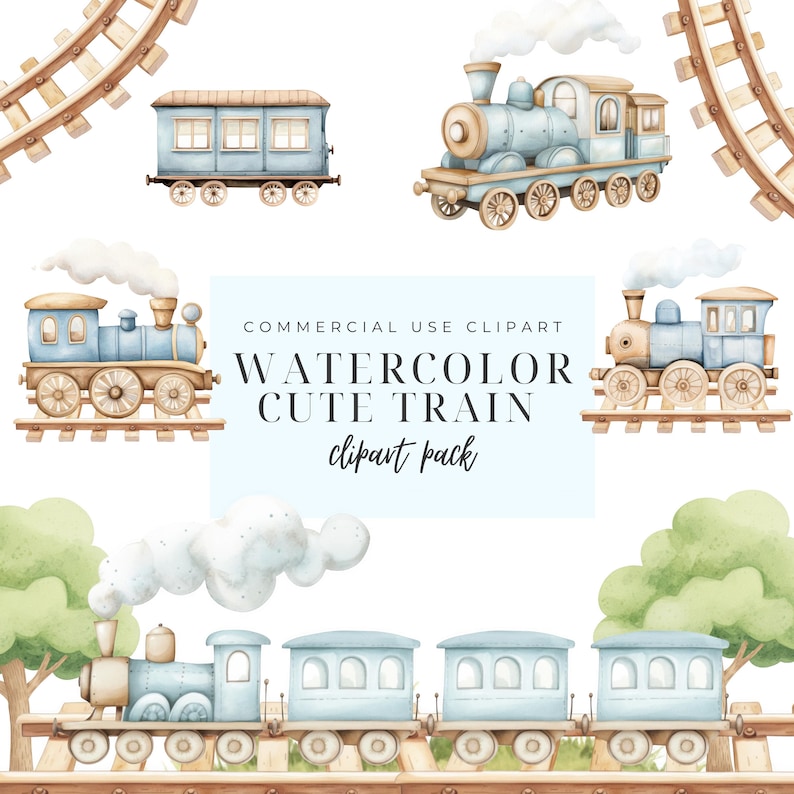 Imágenes prediseñadas de tren, acuarela de tren, imágenes prediseñadas de acuarela de bebé niño, imágenes prediseñadas de tren, arte infantil, arte de tren para niños, arte infantil, descarga instantánea. imagen 2