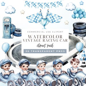 Racing clipart, racewagen clipart, vintage racen, aquarel auto's, blauwe raceauto, aquarel raceauto, raceauto verjaardag, Instant Download