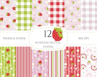 Patrón de fresa sin costuras: Papel digital para manualidades (descarga instantánea)