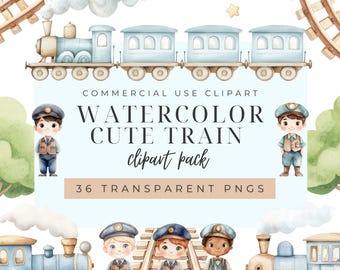 May include: Watercolor clipart pack of a cute blue train with a conductor and passengers. The train is on a track with clouds and stars in the background. The text "COMMERCIAL USE CLIPART WATERCOLOR CUTE TRAIN clipart pack 36 TRANSPARENT PNGS" is on the image.