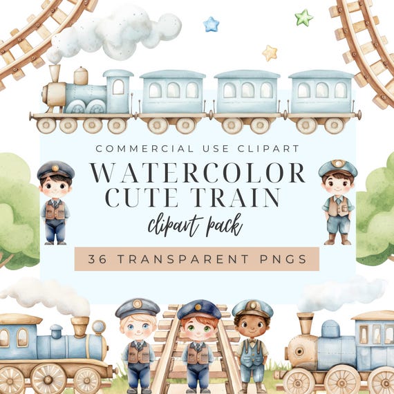 Train Clipart, Train watercolor , Baby Boy Watercolor Clipart, Train clip art, Nursery Art, train art for kids, Kids art, Instant Download.