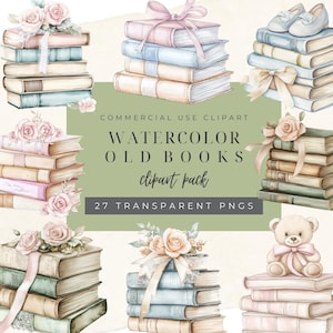 Vintage Books Clipart, old books clipart,  Book Lover Png, Watercolor Books Png, Stack Of Books Png, book clip art, Commercial Use.