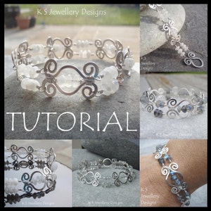 May include: A tutorial for making a silver wire wrapped bracelet with white moonstone beads. The bracelet features a delicate, swirling design and is shown in multiple angles.