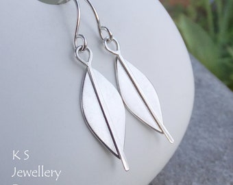 Satin Finished Leaves Sterling Silver Earrings - Hand Stamped Metalwork Wirework - Shiny Dangly Leaf