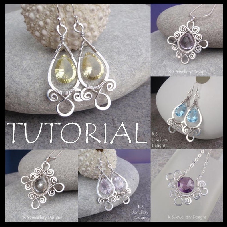 May include: A tutorial for making wire wrapped earrings with different colored gemstones. The earrings are made with silver wire and feature teardrop-shaped gemstones in shades of blue, purple, and yellow.