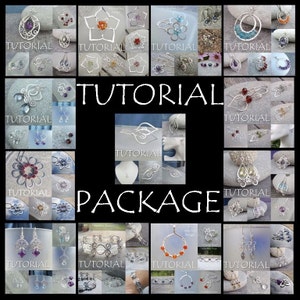 Puede incluir: Un collage de imágenes que muestran tutoriales de joyería envuelta en alambre. Las imágenes presentan varias piezas de joyería, incluyendo aretes, collares, pulseras y anillos. La joyería está hecha con alambre y cuentas en una variedad de colores, incluyendo plata, oro, rojo, azul y verde. El texto "TUTORIAL PACKAGE" se muestra en letras grandes y en negrita en el centro del collage.