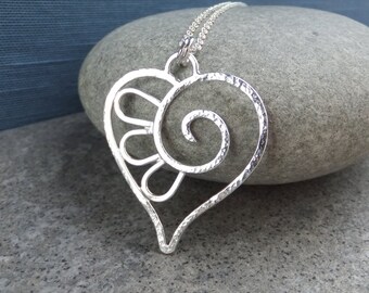 Swirl Petals Sterling Silver Wire Heart Pendant Necklace - Handmade Metalwork Wirework Jewelry Wire - Love Themed Jewellery