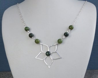 Jade Flower Sterling Silver Necklace - Gemstone Flower - Handmade Metalwork Wirework Bead Jewelry Jewellery - Floral Blossom