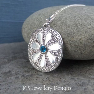 Apatite Doodle Flower Textured Oval Sterling Silver Pendant DAISY v4 Handmade Embossed Metalwork Necklace Blossom Garden Theme image 1