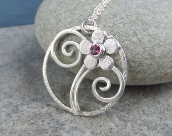 Rhodolite Garnet Flower & Swirls Circle Sterling Silver Pendant - Handmade Metalwork Wirework Gemstone Necklace - Garden Themed