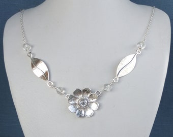 White Topaz Daisy Flower and Leaves Sterling Silver Necklace - Gemstone Flower - Handmade Metalwork Jewelry Jewellery - Floral Blossom