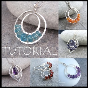 May include: A tutorial for making wire wrapped pendants with gemstones. The image shows six different pendants, each with a different gemstone and wire design. The gemstones include blue topaz, carnelian, amethyst, and garnet. The wire is silver and the pendants are all on a white background.