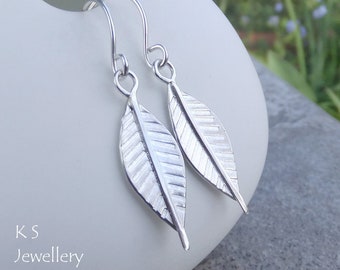 Stripe Textured Leaves Sterling Silver Earrings - Hand Stamped Textured Metalwork Wirework - Shiny Dangly Striped Leaf