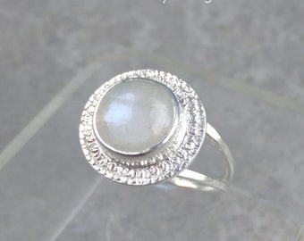 Rainbow Moonstone Textured Disc Sterling Silver Double Band Ring - UK size O / US size 7.25 - Handmade Hand Stamped Metalwork Jewelry