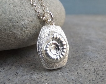 Sterling Silver Sand Casted Pendant - LITTLE AMMONITE DROP - Handmade Fossil Recycled Metalwork Necklace Jewelry Jewellery