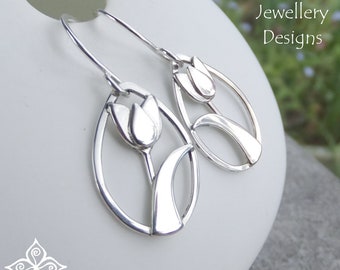 Shiny Tulip and Leaf Sterling Silver Drop  Earrings - Handmade Metalwork Wirework - Shiny Dangly Floral Garden