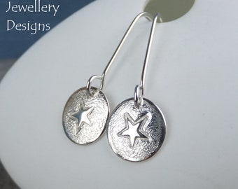 Sterling Silver Earrings - STARS v1 - Star Discs - Hand Stamped Textured Metalwork Jewelry - Shiny