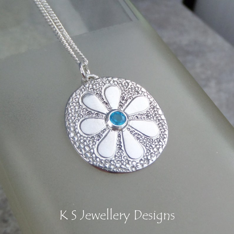 Apatite Doodle Flower Textured Oval Sterling Silver Pendant DAISY v4 Handmade Embossed Metalwork Necklace Blossom Garden Theme image 3