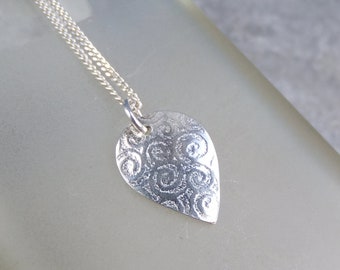 Swirls Textured Petal Sterling Silver Pendant - Rustic Organic - Handmade Embossed Metalwork Necklace